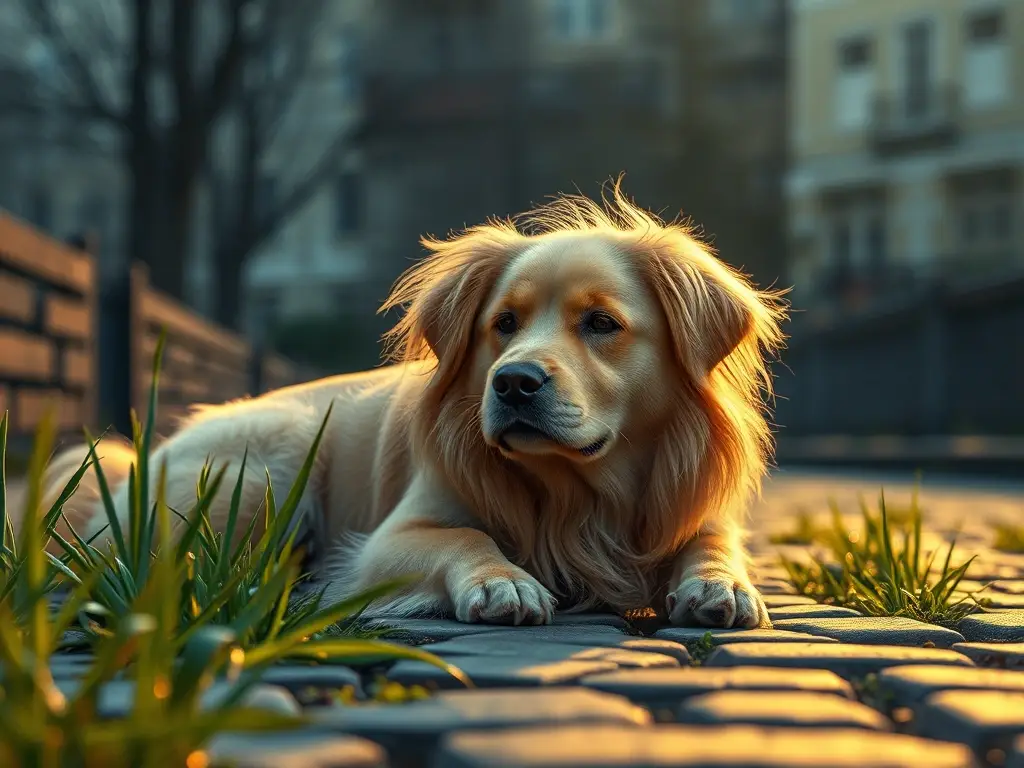 Foto realista de un perro con pelo dorado descansando en una calle de piedra bajo la luna