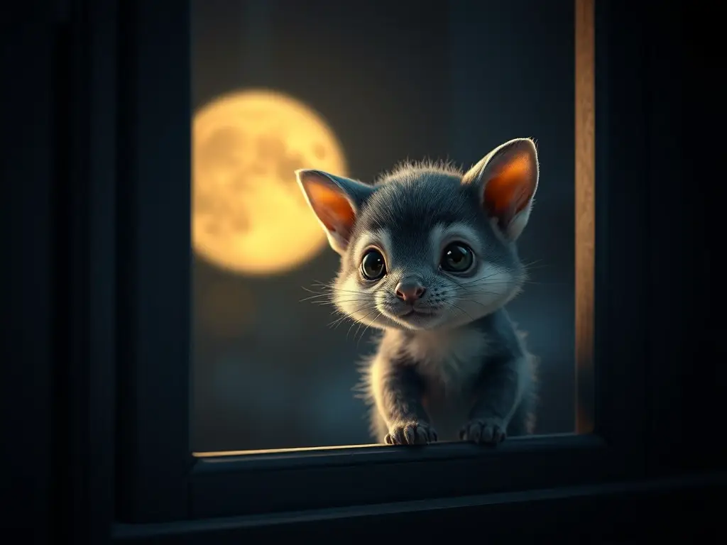 Fotografía realista nocturna, alta calidad, animal adorable en ventana