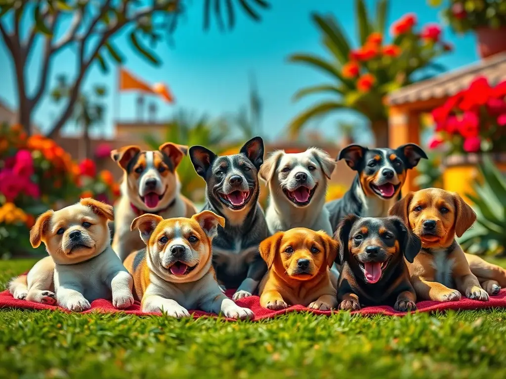 Fotografía realista de portada de revista de perros mexicanos en un jardín soleado