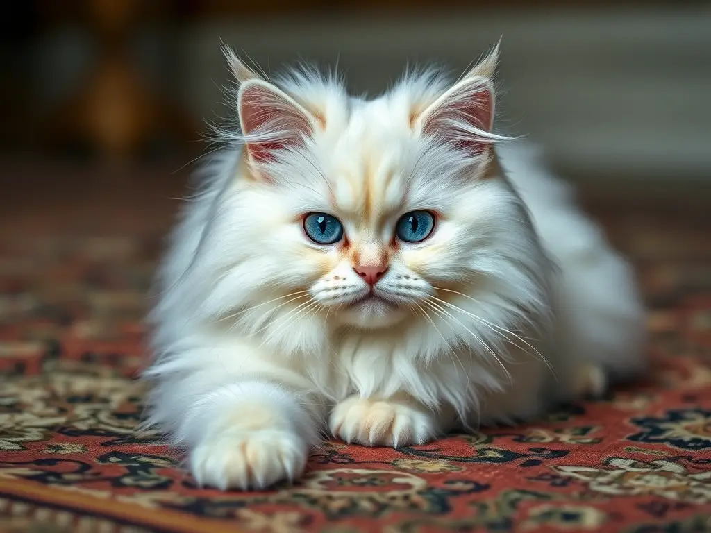 Imagen realista de un gato persa blanco esponjoso con ojos azules penetrantes
