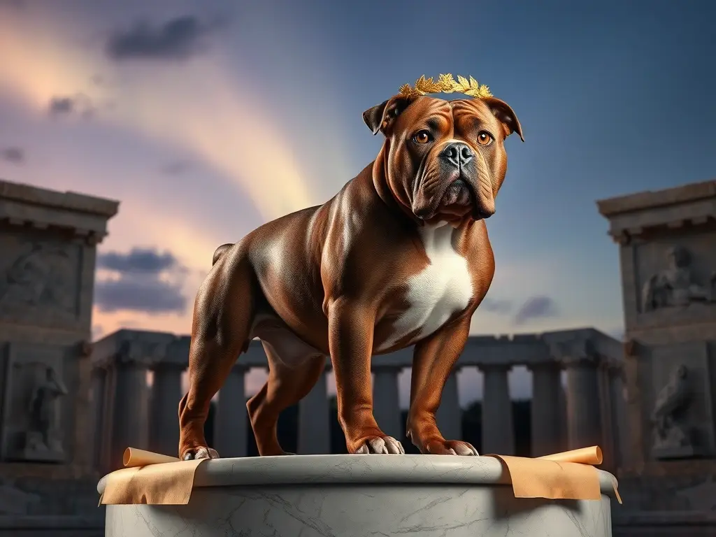 American Bully imponente sobre pedestal griego