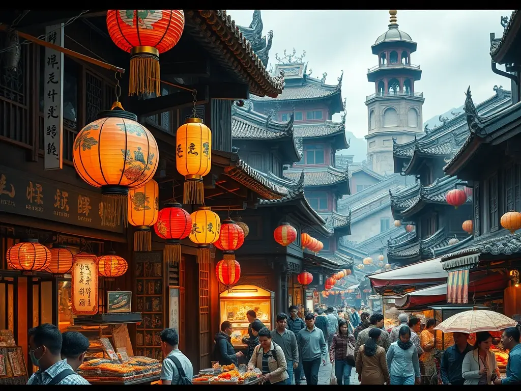 Un mercado chino vibrante en una fotografía realista