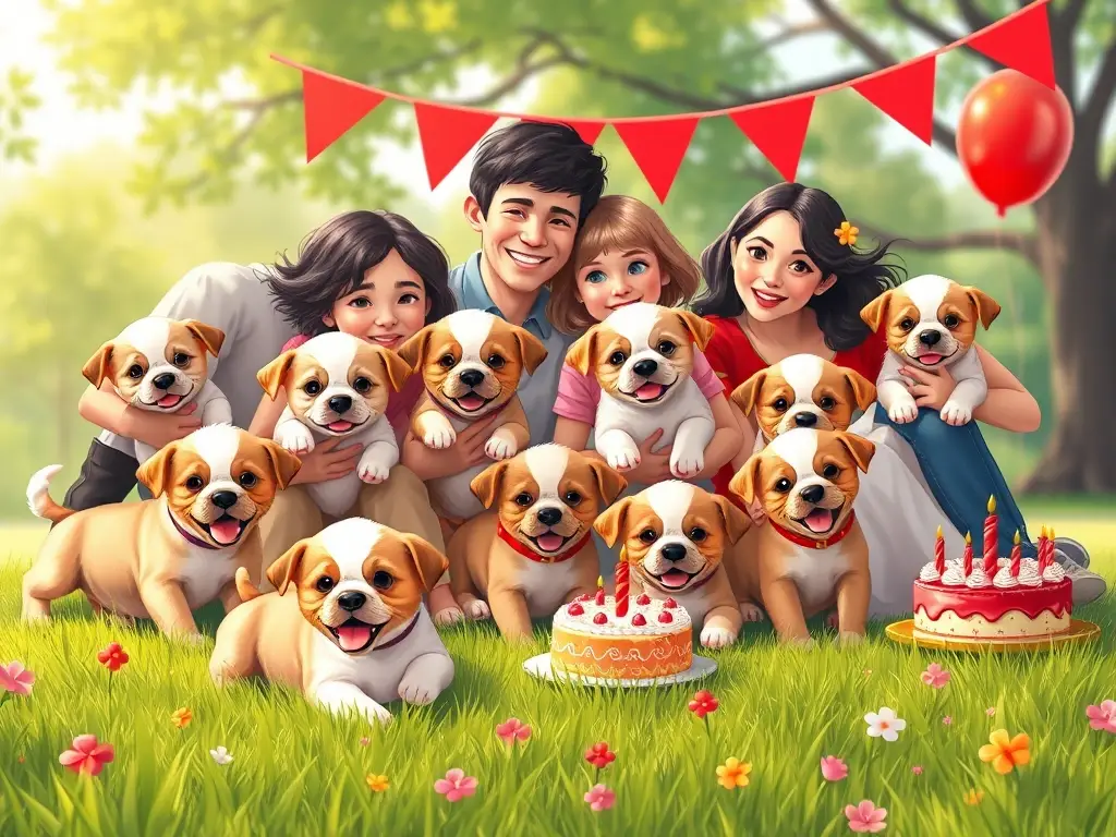 Ilustración de cachorros juguetones en una celebración para cumpleaños