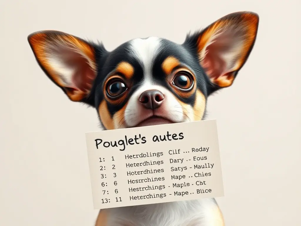 Foto realista, ilustración divertida de un chihuahua con listón de nombres de perros míticos