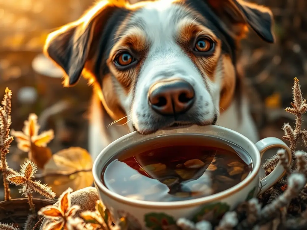 Un retrato realista de perro mixto, relajado y curioso, disfrutando de una taza de té