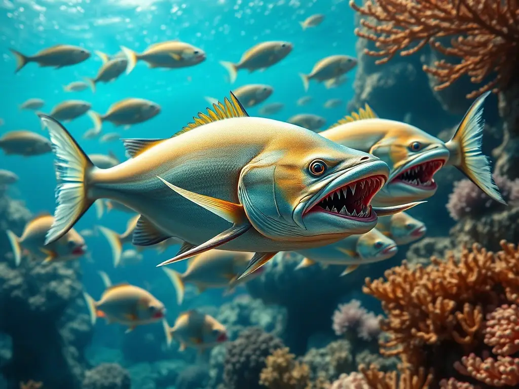 Ilustración realista de peces con dientes largos y adornada con un arrecife coralino