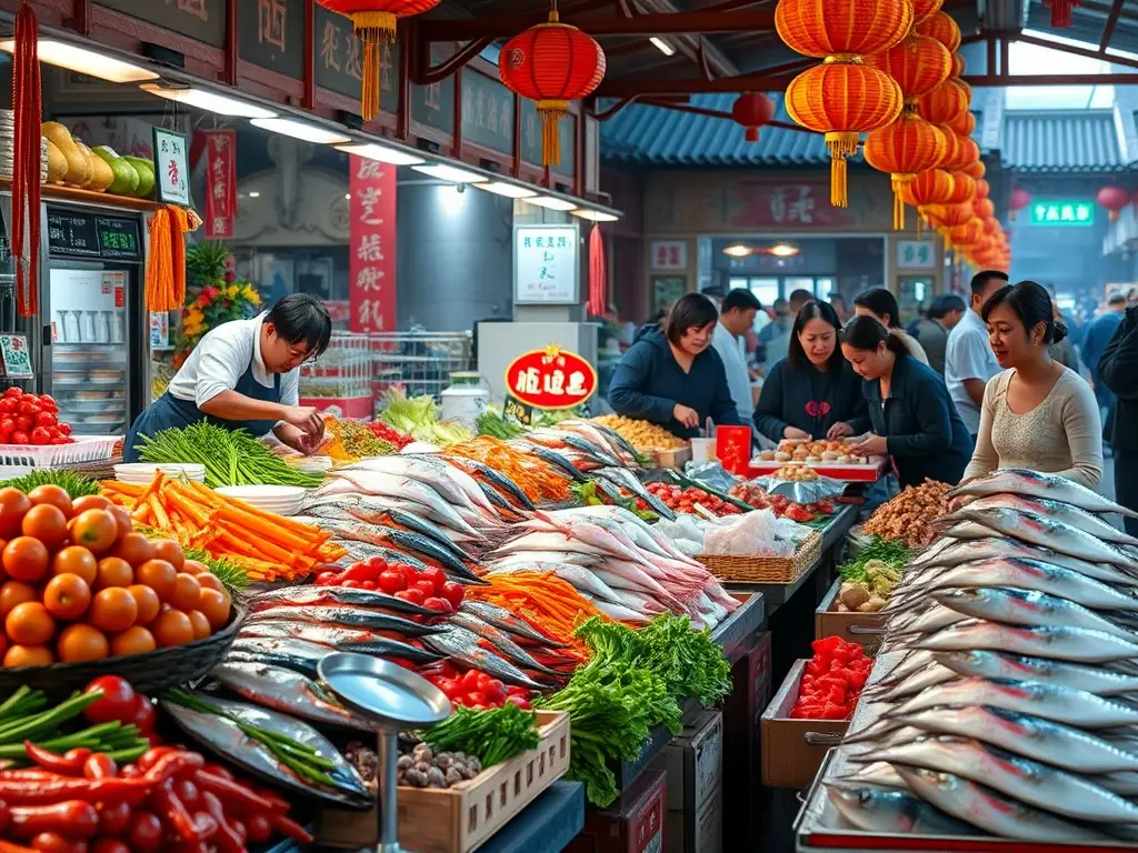 Un mercado vibrante en China con artesanos y gente disfrutando su comida
