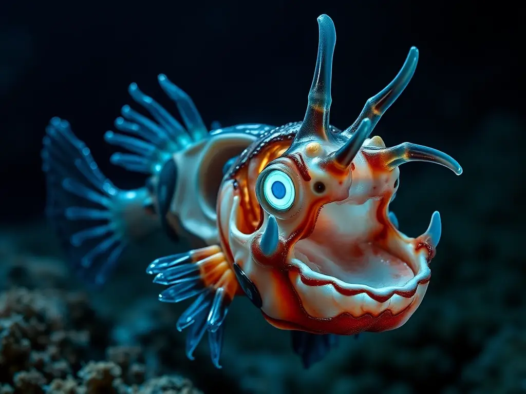 Foto de un pez angler profunda realista y meticulosa, bioluminescente, ojos fascinantes