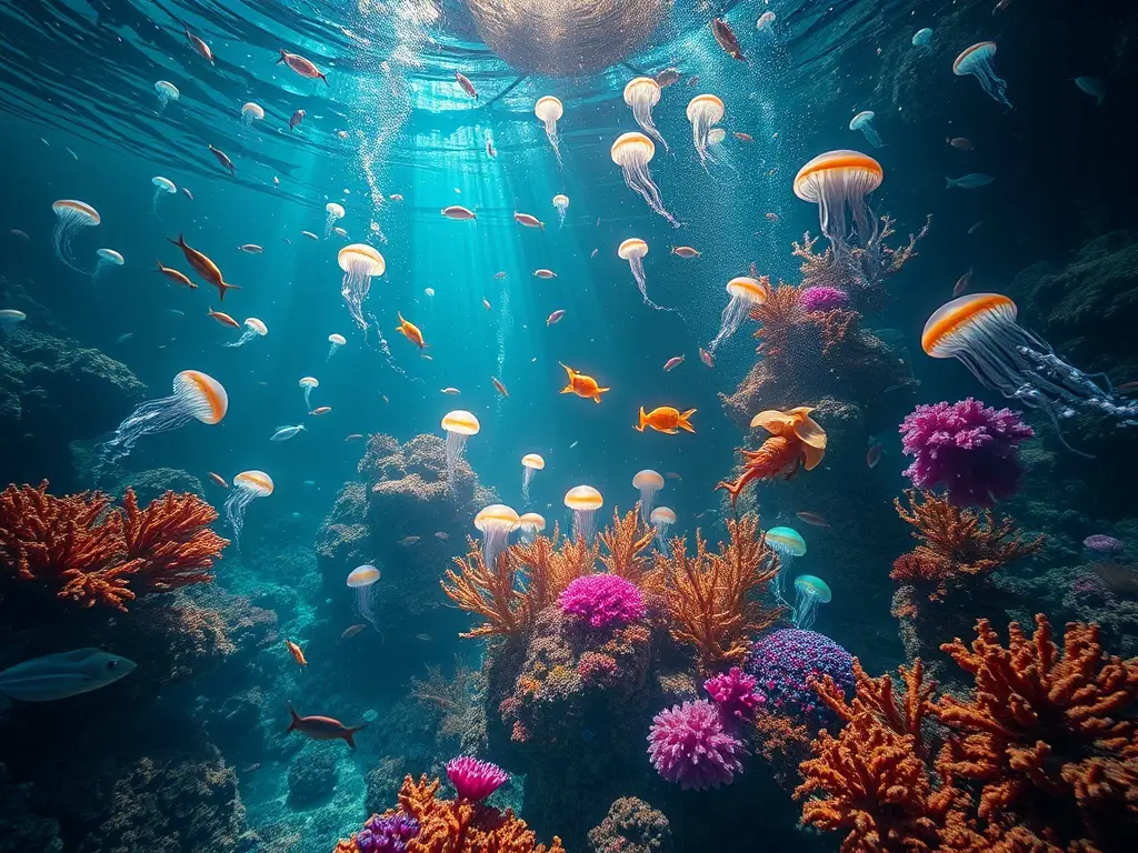 Un acuario marino biolumínico con vida profunda