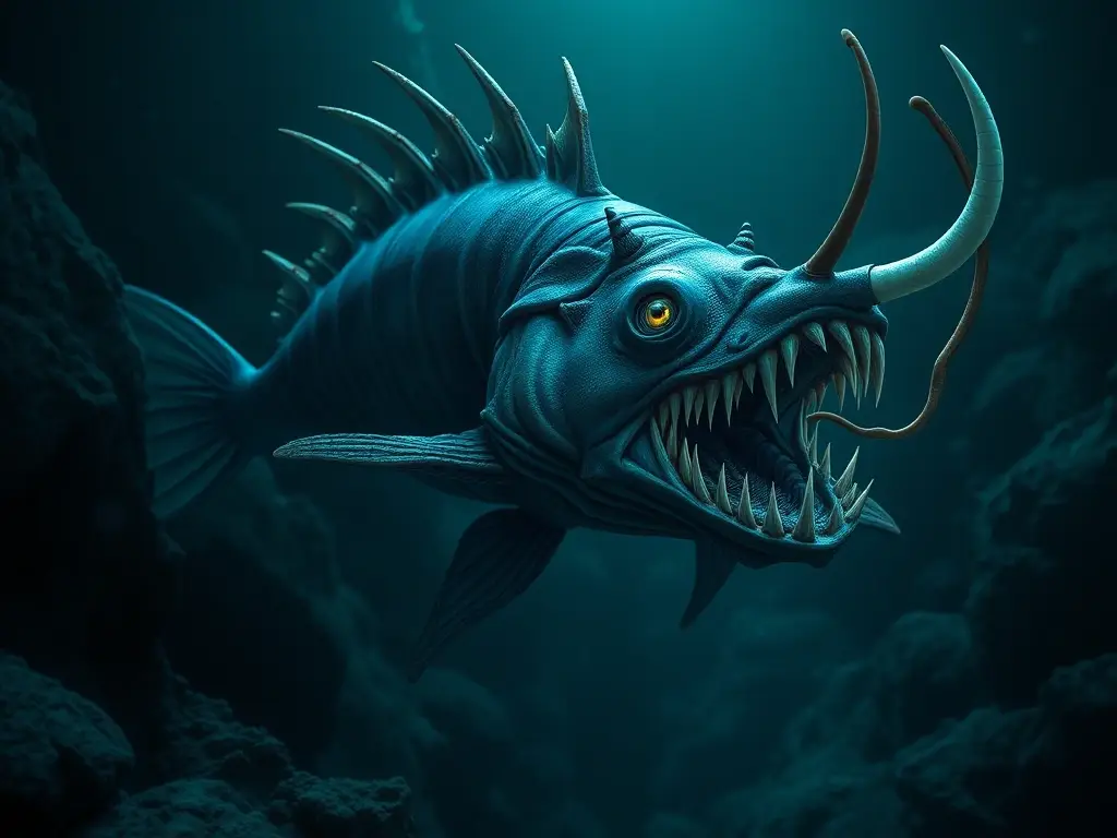 Imagen realista de un pez pescador profundo con bioluminescencia y detalles específicos