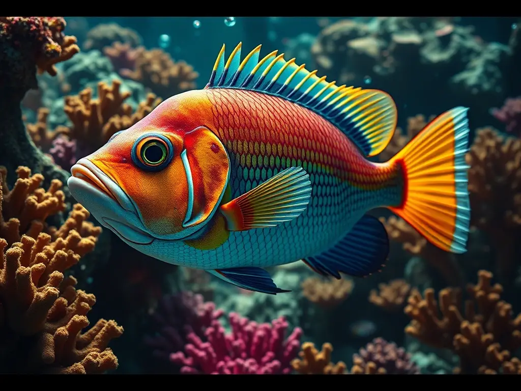 Fotorealista, 8K, pez marino profundo, coral vibrante
