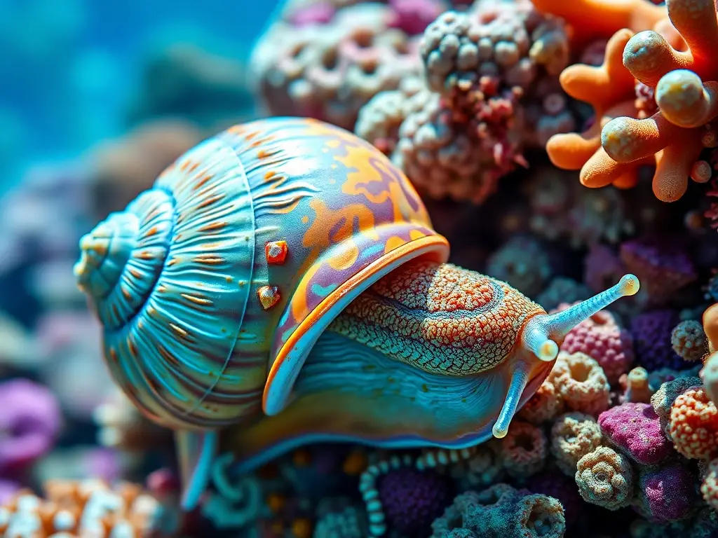 A vista realista, un caracol de arrecife con colores vibrantes y texturas detalladas