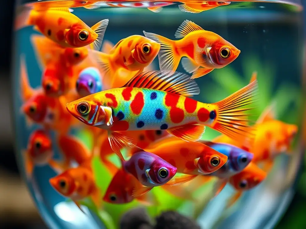 Foto realista de 10 Platys de colores brillantes en un acuario