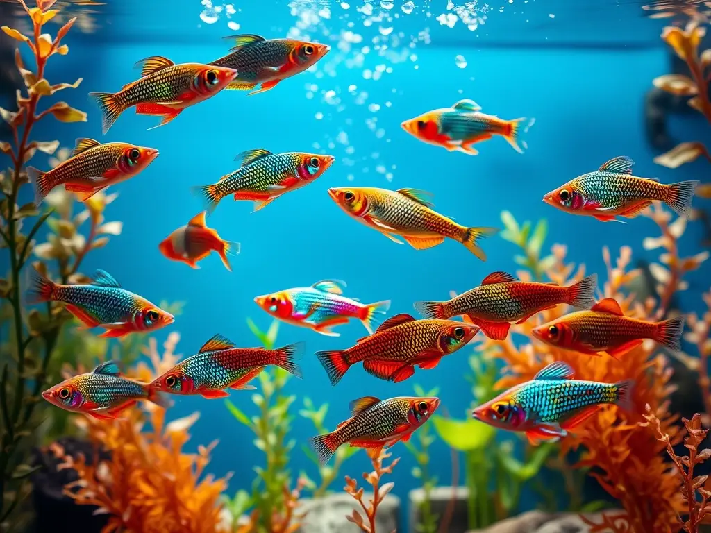 Guppies coloridas y brillantes nadando en un acuario realistico