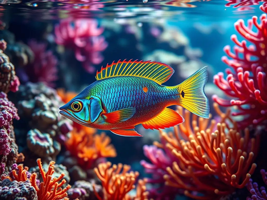 Una imagen detallada de Tetra Neóno con coral vibrante y luz suave
