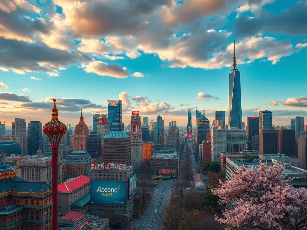 Un vibrant cityscape, pulido y detallado, con serenidad y energía
