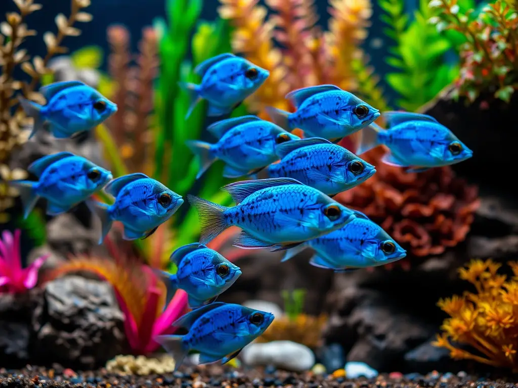 Fotorealista 8k de platy azul que se mueven en un acuario vibrante