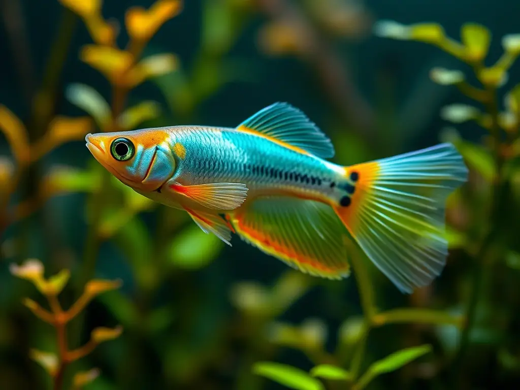 Fotorealistic retrato de guppy embarazada en un acuario amazónico con vida real, sin texto y agua