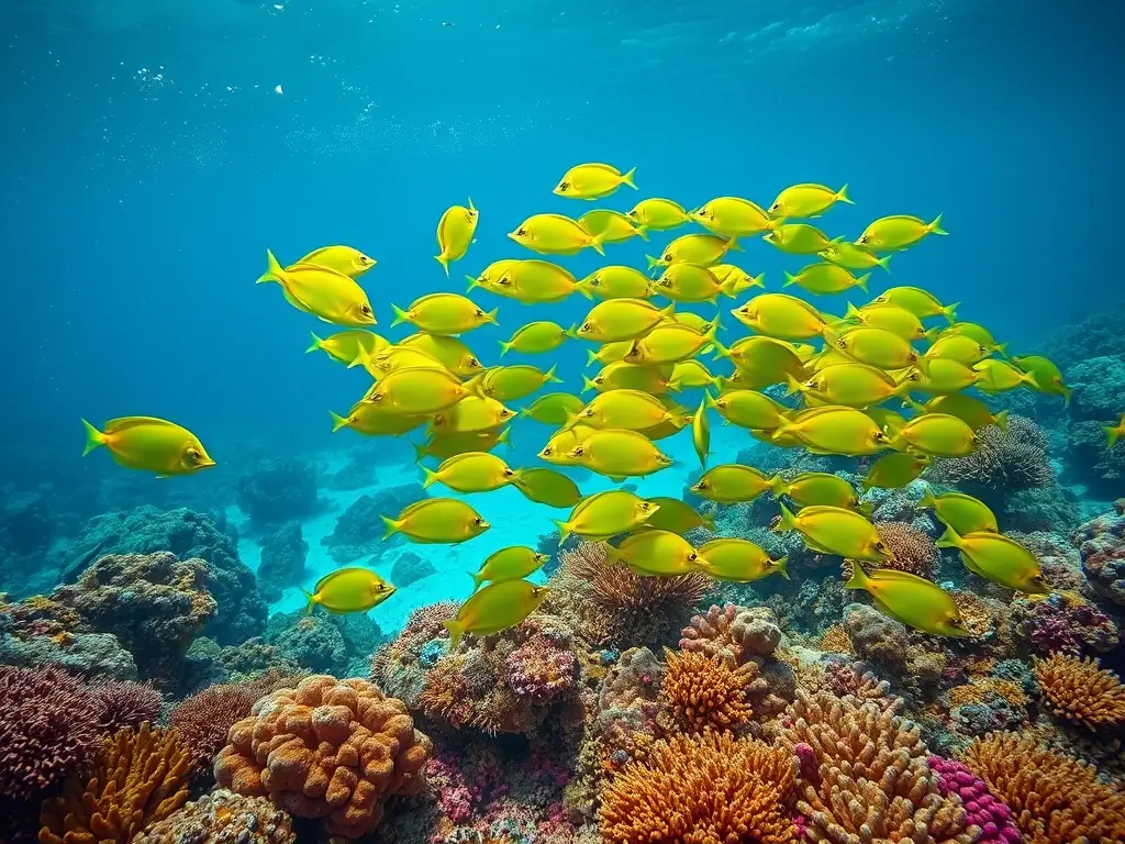 Arrecife tropical con peces y amenaza sutil