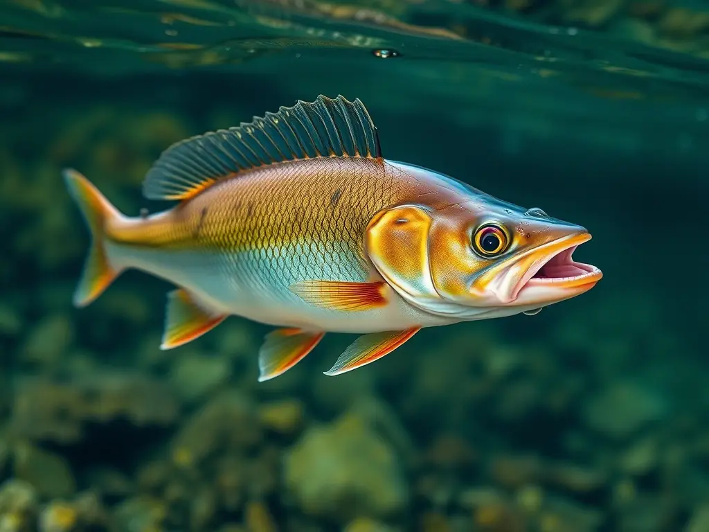 Imagen realista de un pez pikepercha sano en un río cristalino