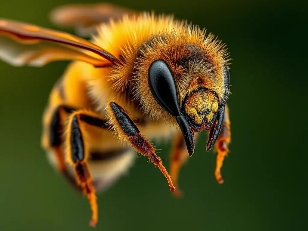 Un retrato preciso de abeja melífera dorada en 8K, sin texto ni logos