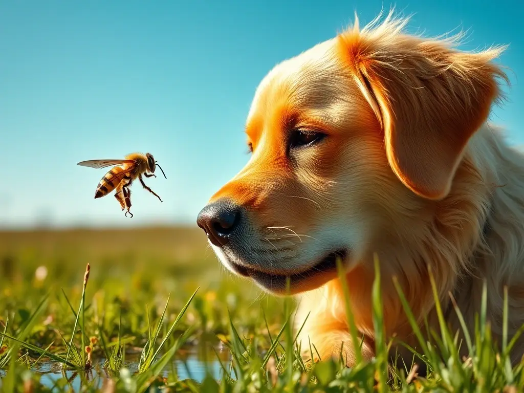 Perro dorado con abeja y avispa cerca