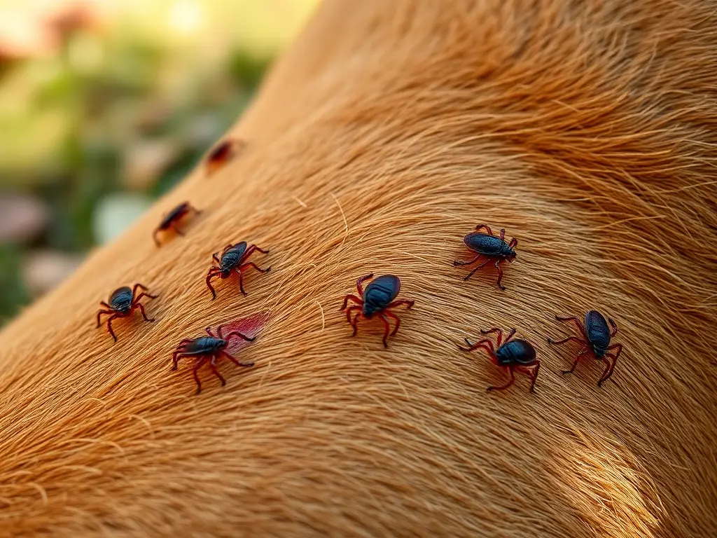 Macro de perro con garrapatas en pelaje