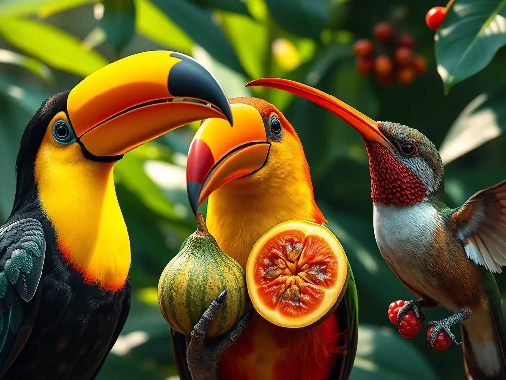 Tres aves con distintos picos comen fruta