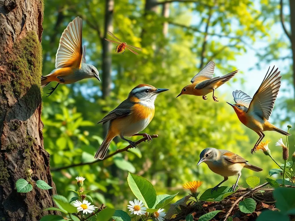 Ilustración ultra realista de aves insectívoras