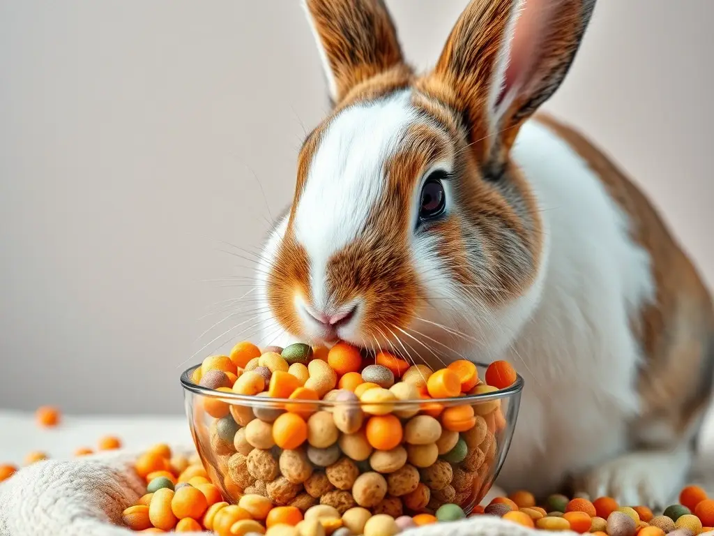 Es una fotografía realista de un conejo bebiendo pellets con felicidad