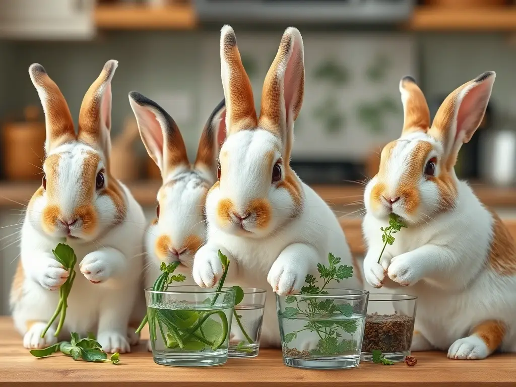 Collage detallado de bunnies comiendo hierbas realistas en un ambiente doméstico