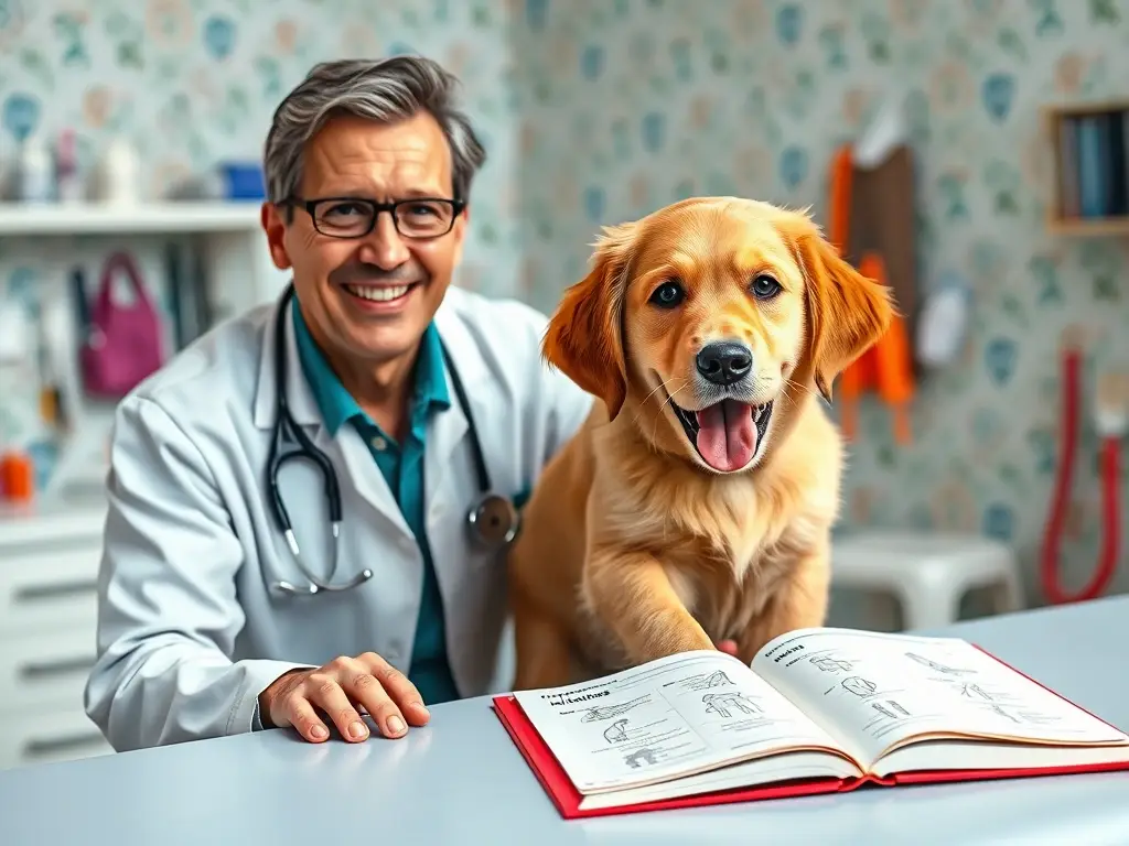 Un veterinario amable examina a un cachorro feliz con diagramas informativos