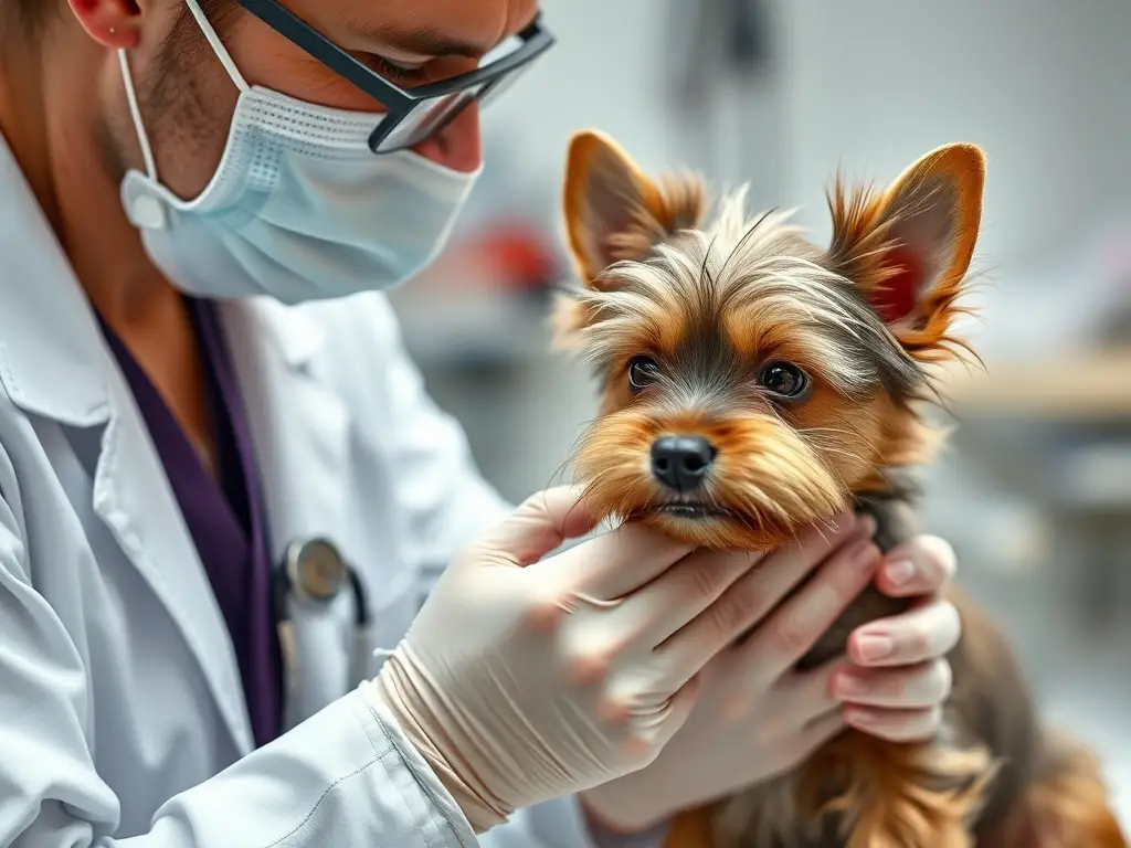 Fotorealistic retrato de un veterinario examinando a un cachorro de Skye con pulgas