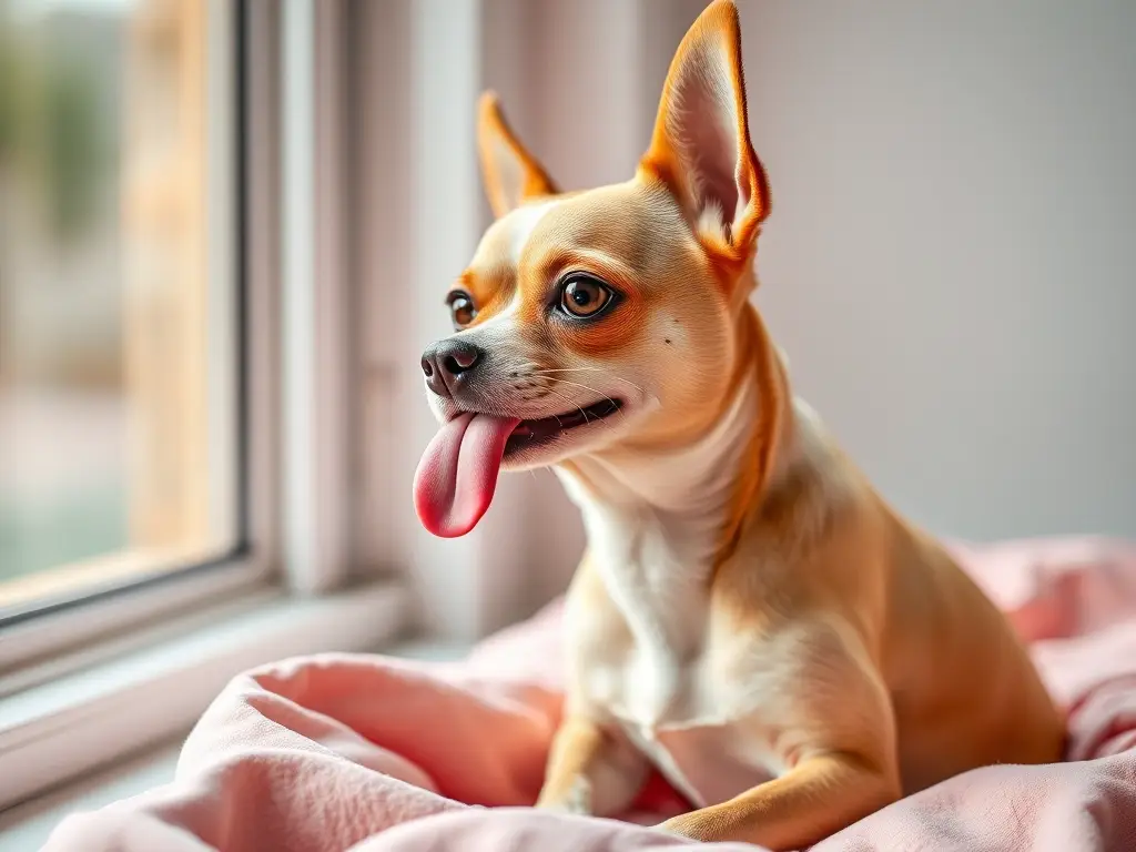 Photorealistic close-up of a chihuahua worried, sitting on a bed