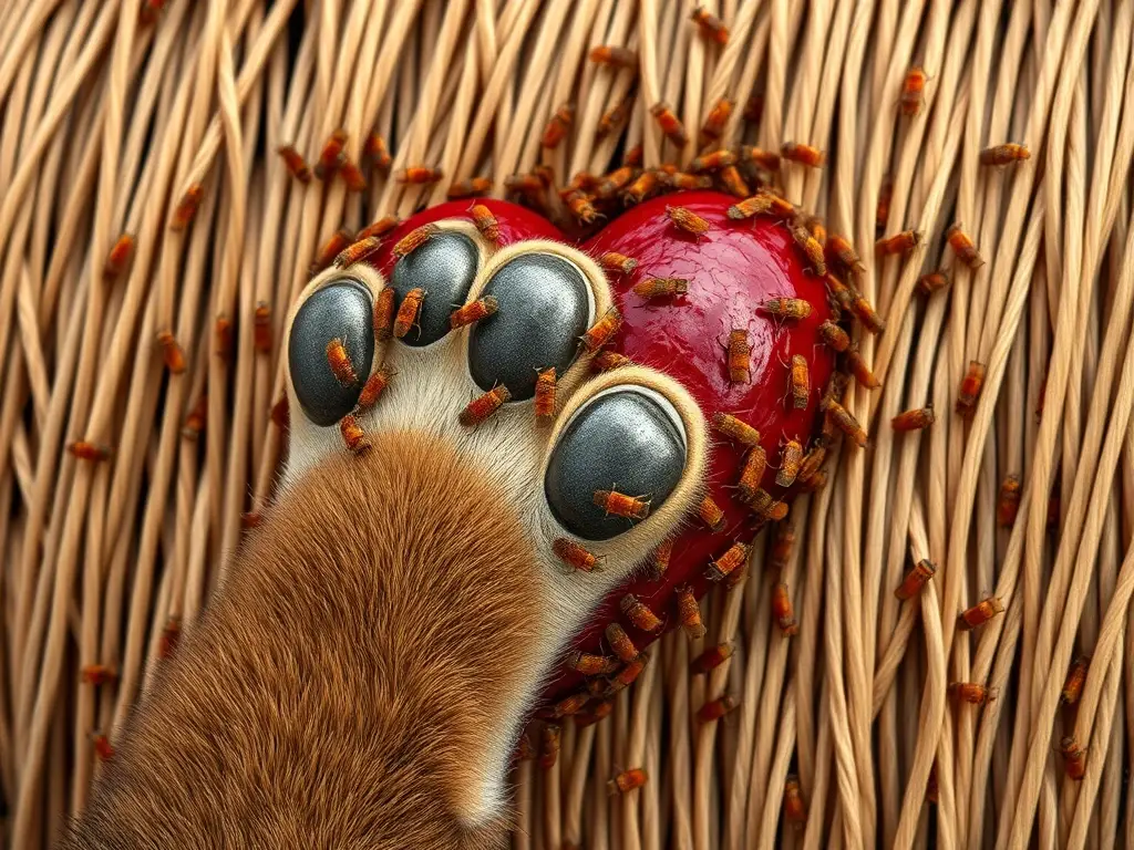 Un corazón y unпеча paw interconectados por garrapatas, detallado y íntimo
