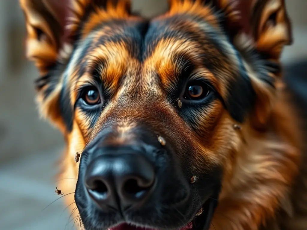 Foto realista de un perro pastor alemán con sarna, con enfoque nítido