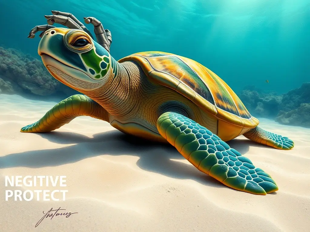Un retrato realista de tortuga marina descansando en una playa, con coral brillante en la fondo