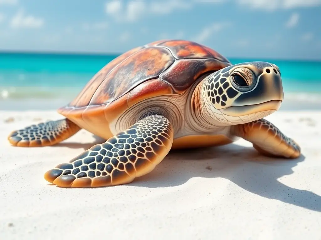 Foto realista de tortuga marina tranquila en una playa de arena blanca