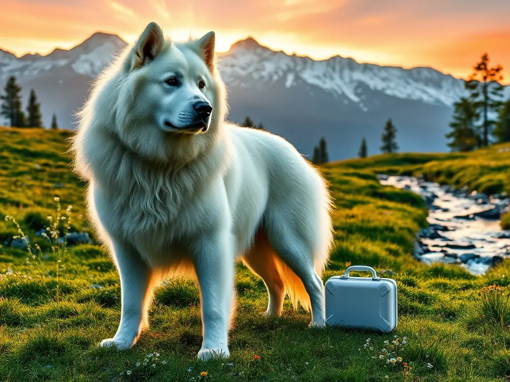 Gran Pirineo majestuoso en pradera bajo atardecer