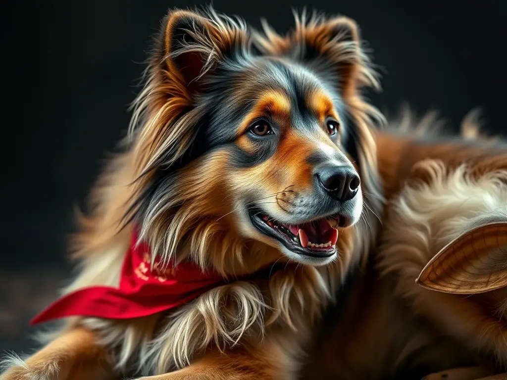 Fotorealistic retrato de pastorpyreneo relajado, con bandana y expresión leal, 8K