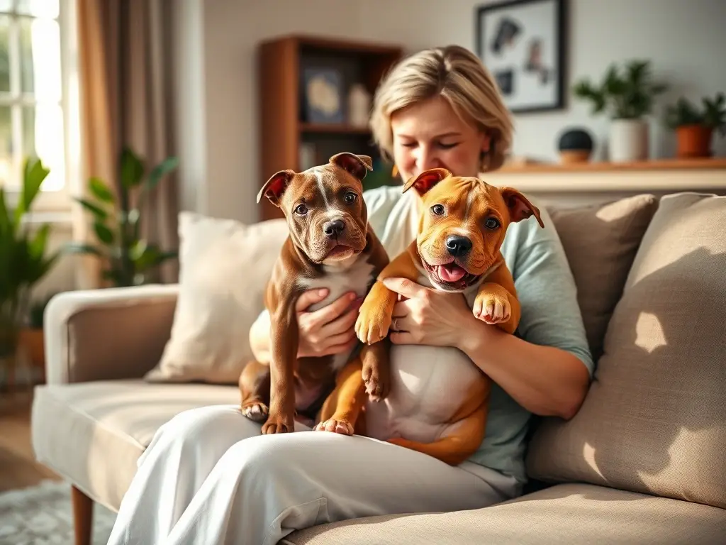 Mujer abraza felices cachorros en sofá