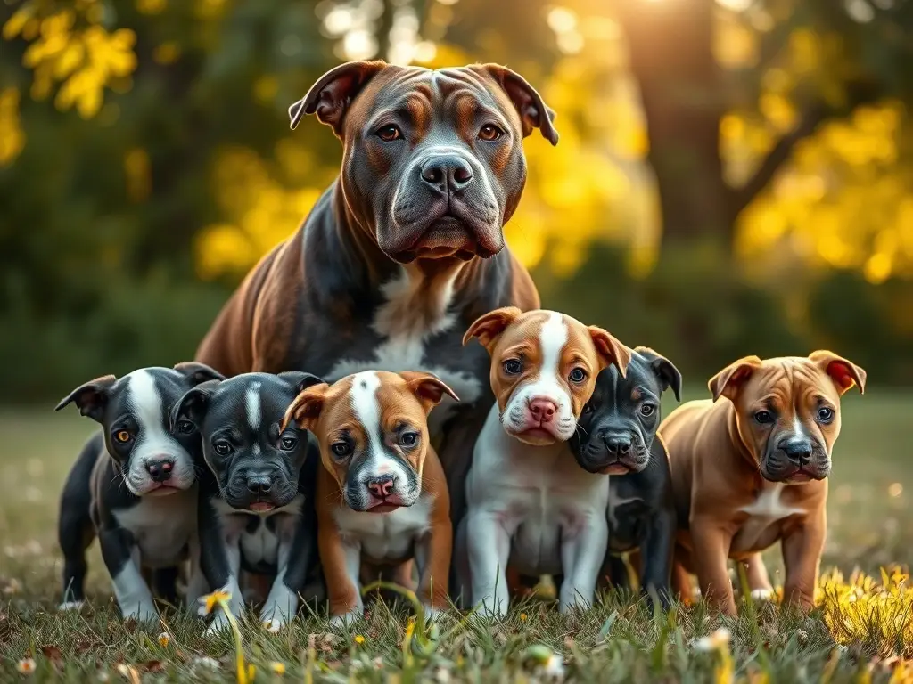 Pitbull adulto y cachorros en retrato realista