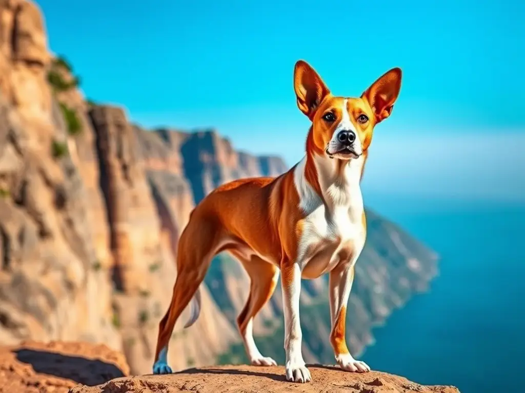 Fotografía realista de un Podenco portugués majestuoso en un paisaje rocoso