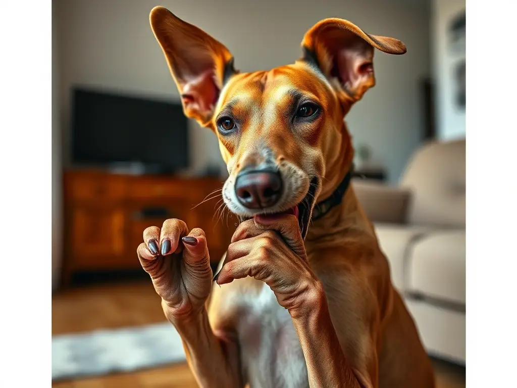 Fotografía realista de un perro Podencos portugués, jugando con sus garras agachado