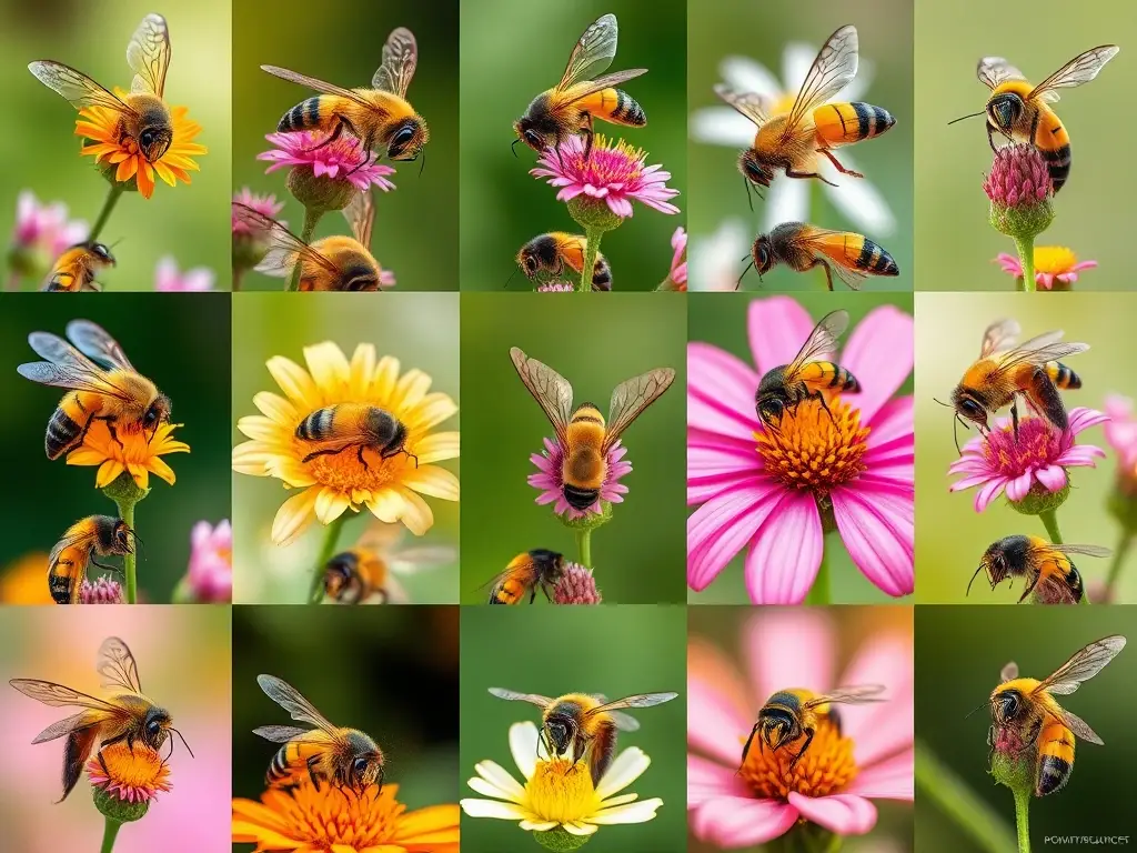 collage fotográfico realista de 20 animales polinizadores con precisión