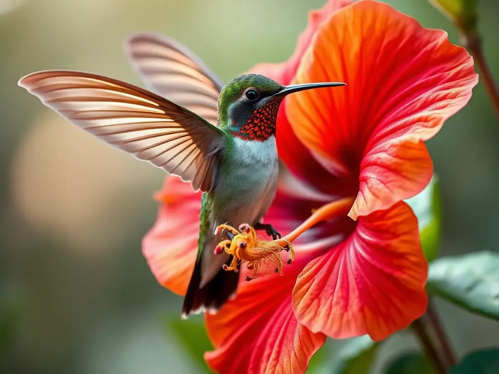 Imagen realística de un colibrí majestuoso en un hibisco