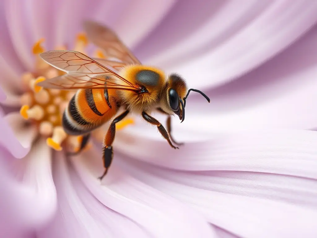 Ilustración de abeja realista en flor de lavanda