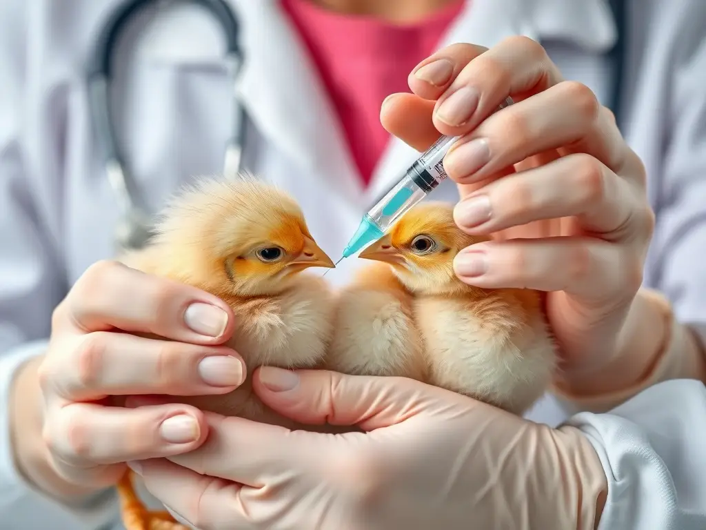 Foto de alta calidad con un veterinario cuidando pollitos, aseptic, con equipo médico