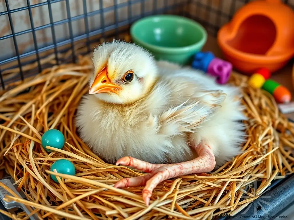 Imagen realista de un pollo feliz descansando en el nido de paja