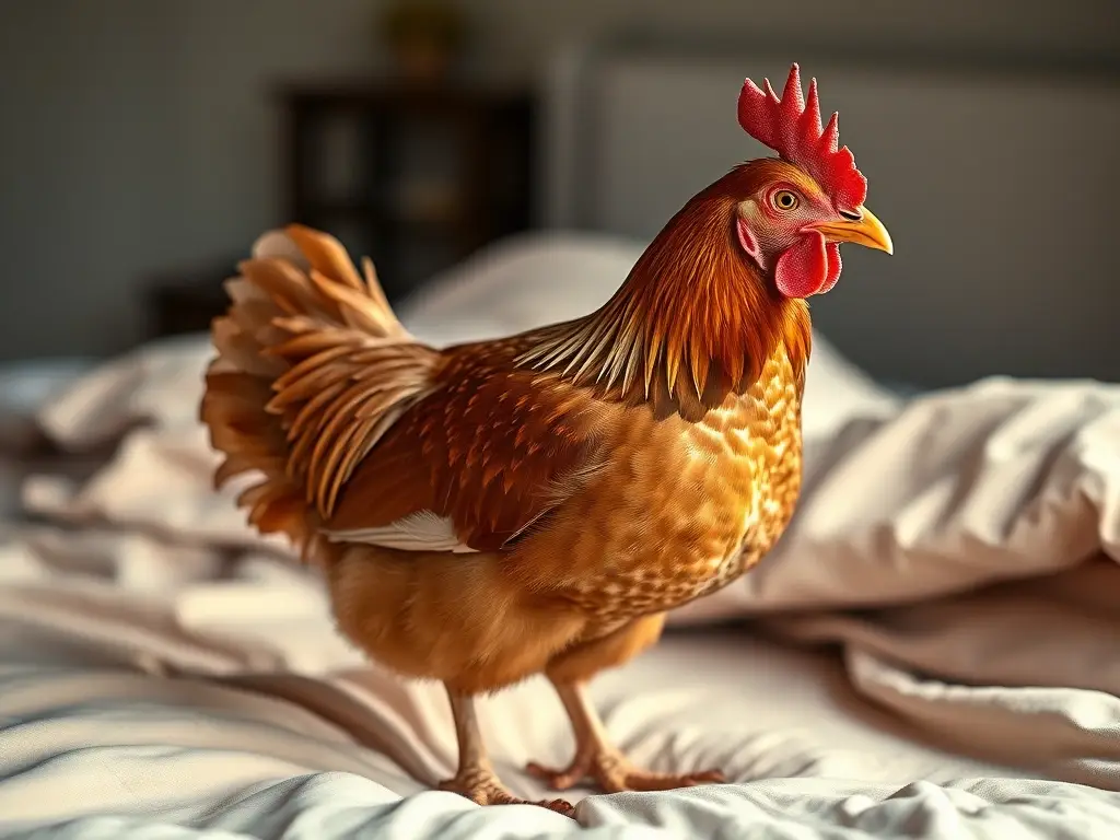 Fotografía realista de una gallina con plumaje marrón y pico grande, en una cama de ropa limpia